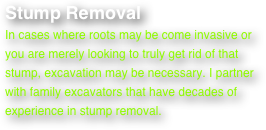 Stump Removal
In cases where roots may be come invasive or you are merely looking to truly get rid of that stump, excavation may be necessary. I partner with family excavators that have decades of experience in stump removal.

