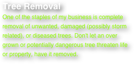 Tree Removal
One of the staples of my business is complete removal of unwanted, damaged (possibly storm related), or diseased trees. Don't let an over grown or potentially dangerous tree threaten life or property, have it removed. 
